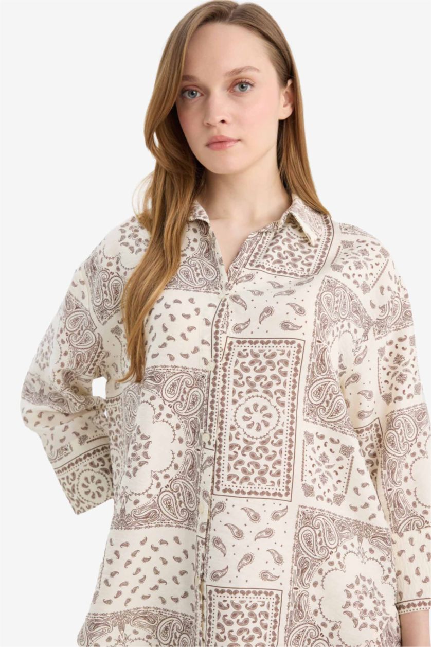 Kadın Ekru Regular Fıt Gömlek Yaka Baskılı Uzun Kollu Gömlek