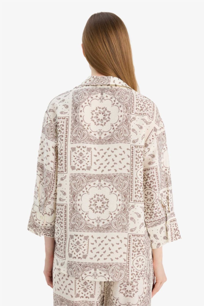 Kadın Ekru Regular Fıt Gömlek Yaka Baskılı Uzun Kollu Gömlek