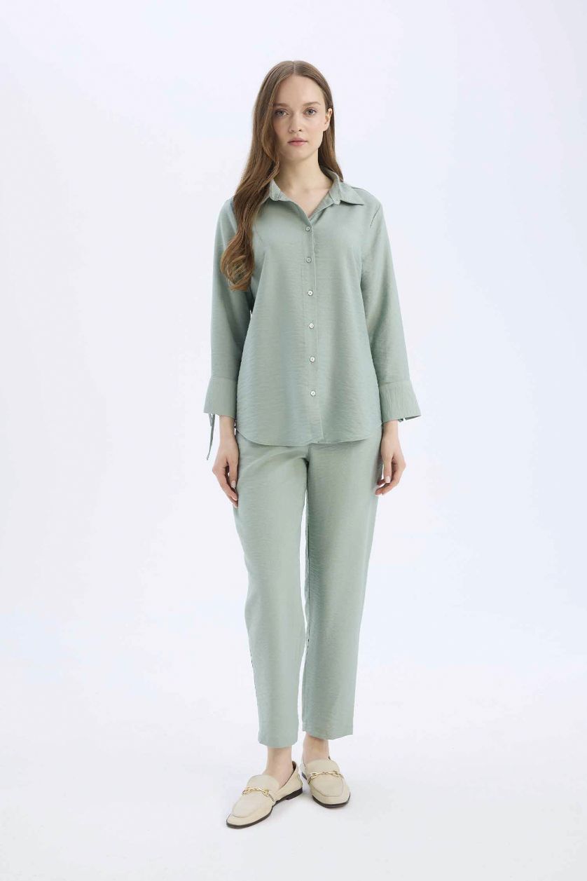 نساء أخضر فاتح قميص كم طويل قصة عادية بياقة قميص