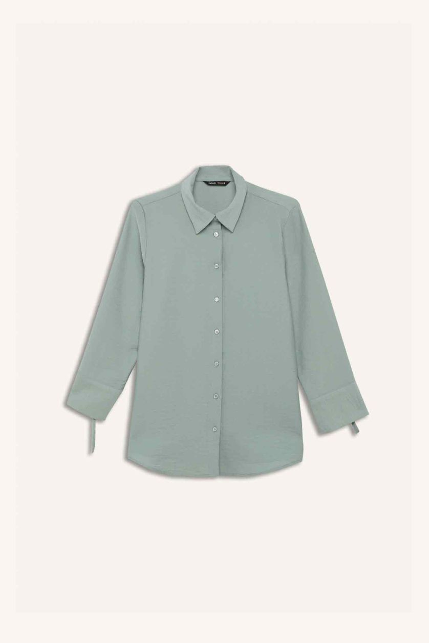 نساء أخضر فاتح قميص كم طويل قصة عادية بياقة قميص