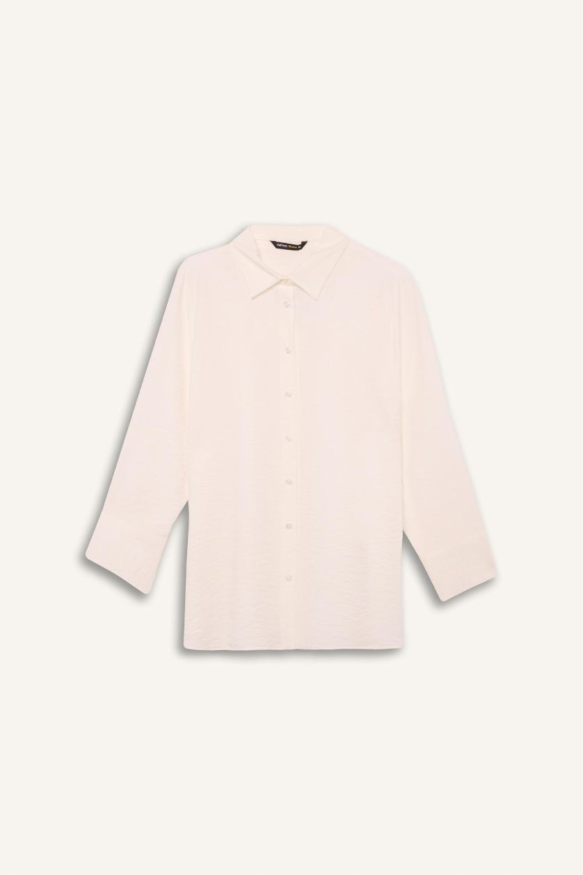 Woman White Regular Fit Shirt Collar Long Sleeve Shirt