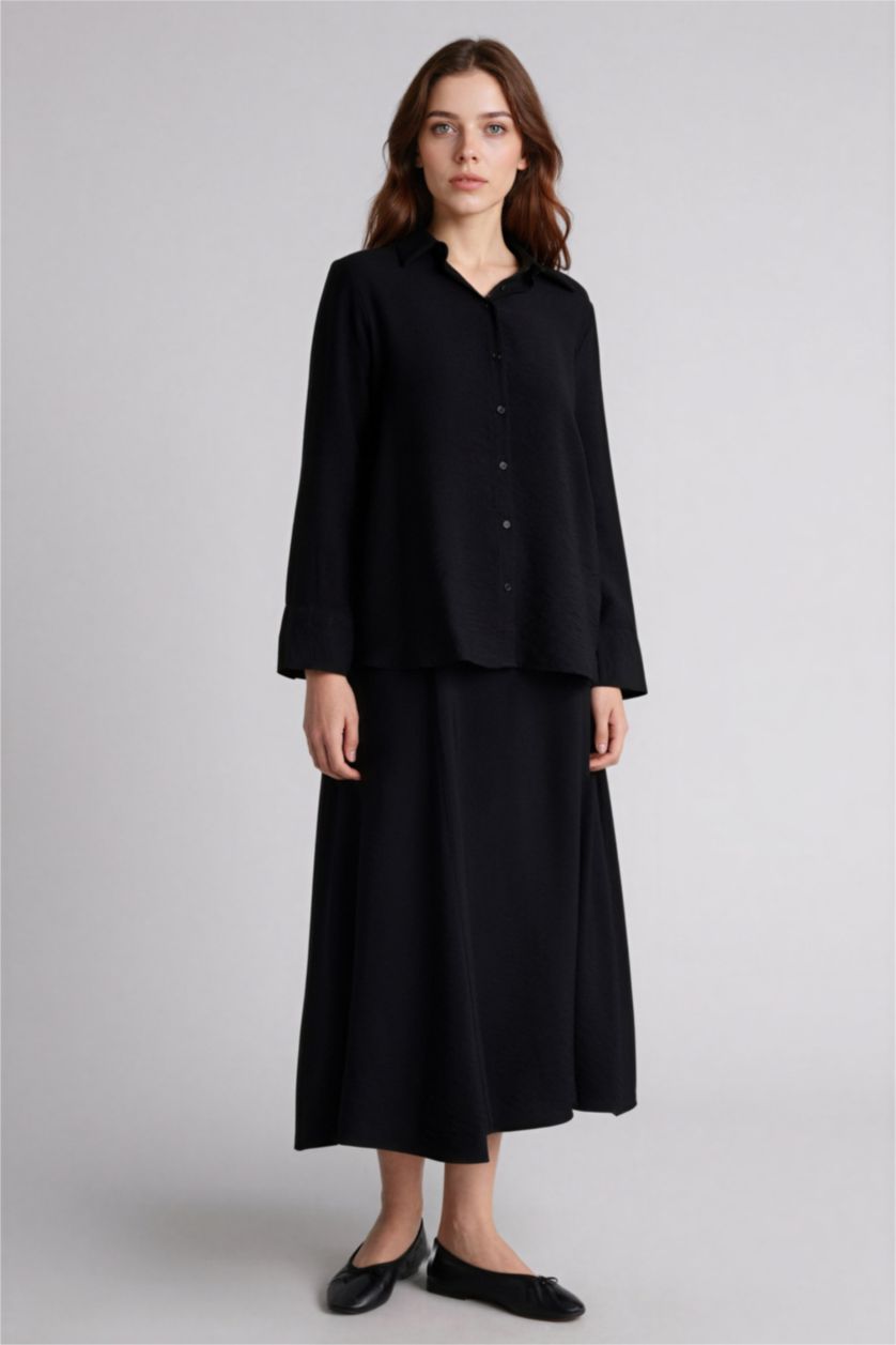 Kadın Siyah Regular Fıt Gömlek Yaka Uzun Kollu Gömlek