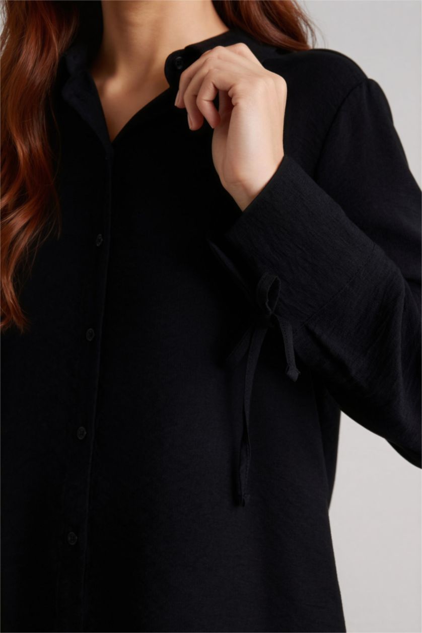 Kadın Siyah Regular Fıt Gömlek Yaka Uzun Kollu Gömlek