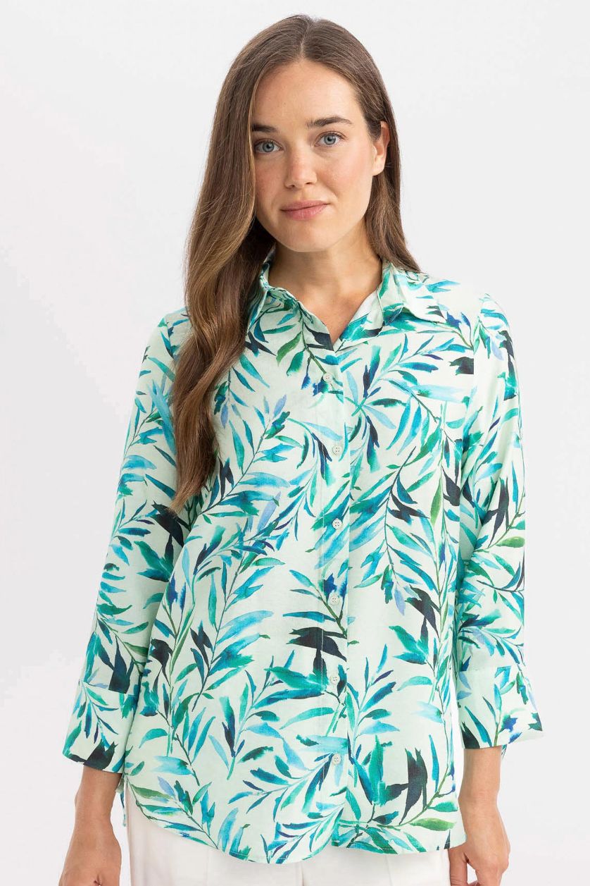 Kadın Mint Regular Fit Desenli Uzun Kollu Gömlek