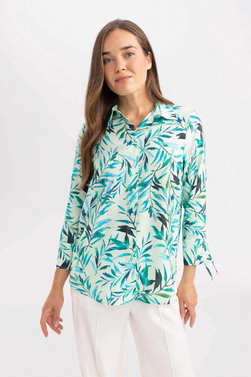 Kadın Mint Regular Fit Desenli Uzun Kollu Gömlek