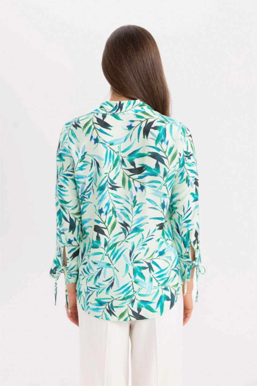 Kadın Mint Regular Fit Desenli Uzun Kollu Gömlek