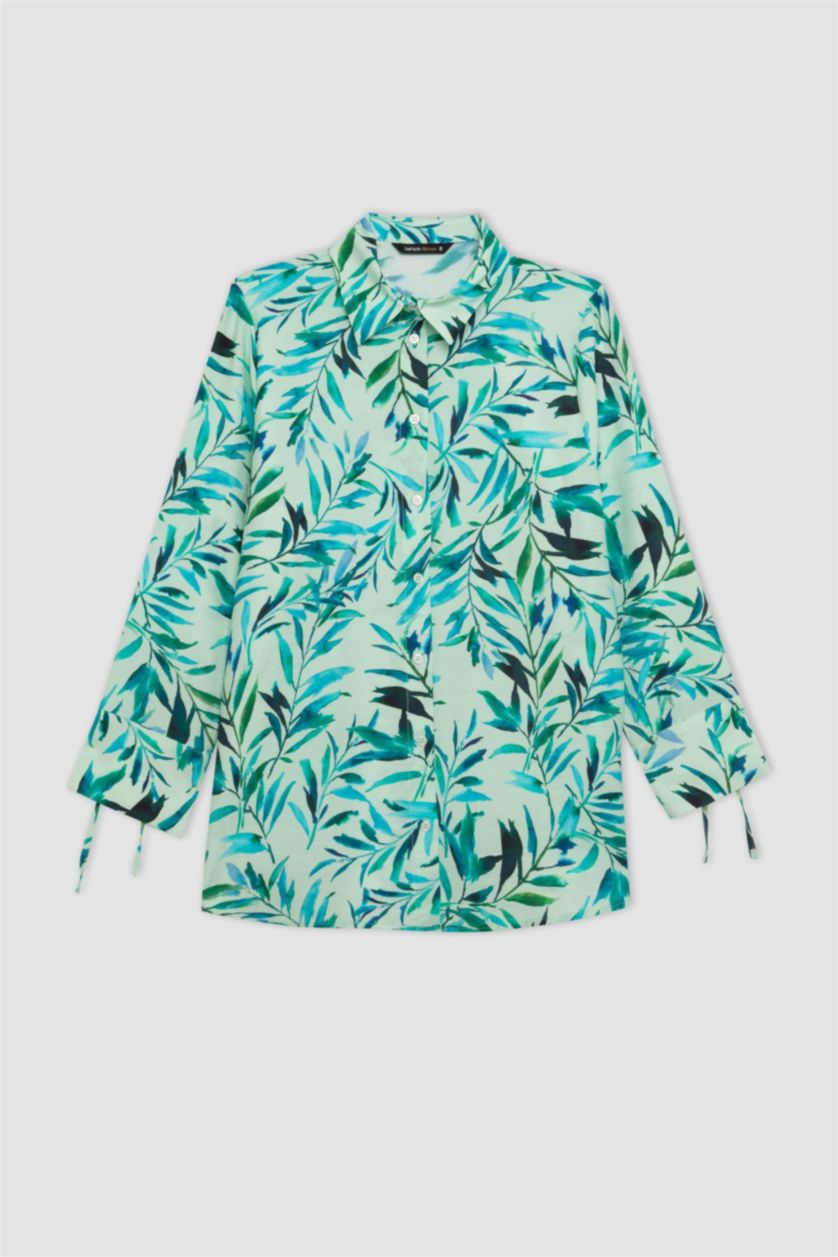 Kadın Mint Regular Fit Desenli Uzun Kollu Gömlek