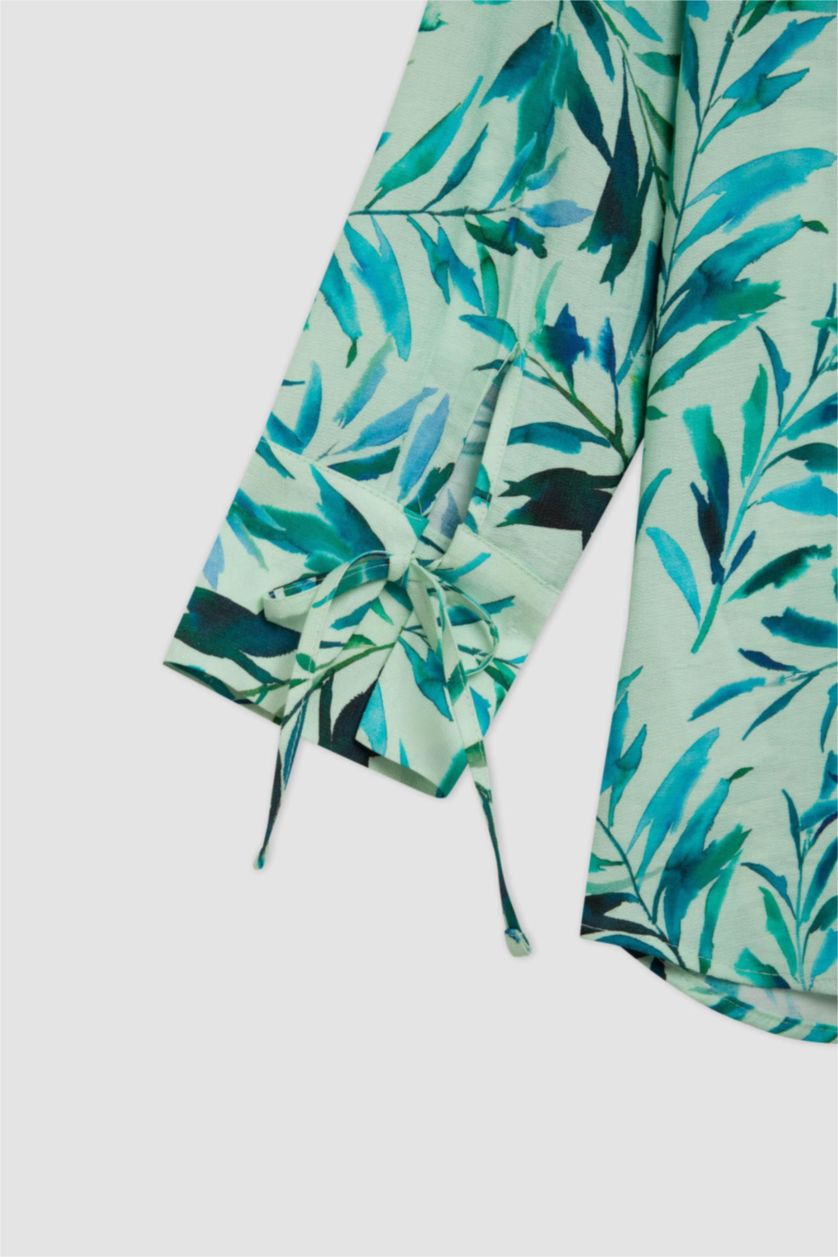 Kadın Mint Regular Fit Desenli Uzun Kollu Gömlek