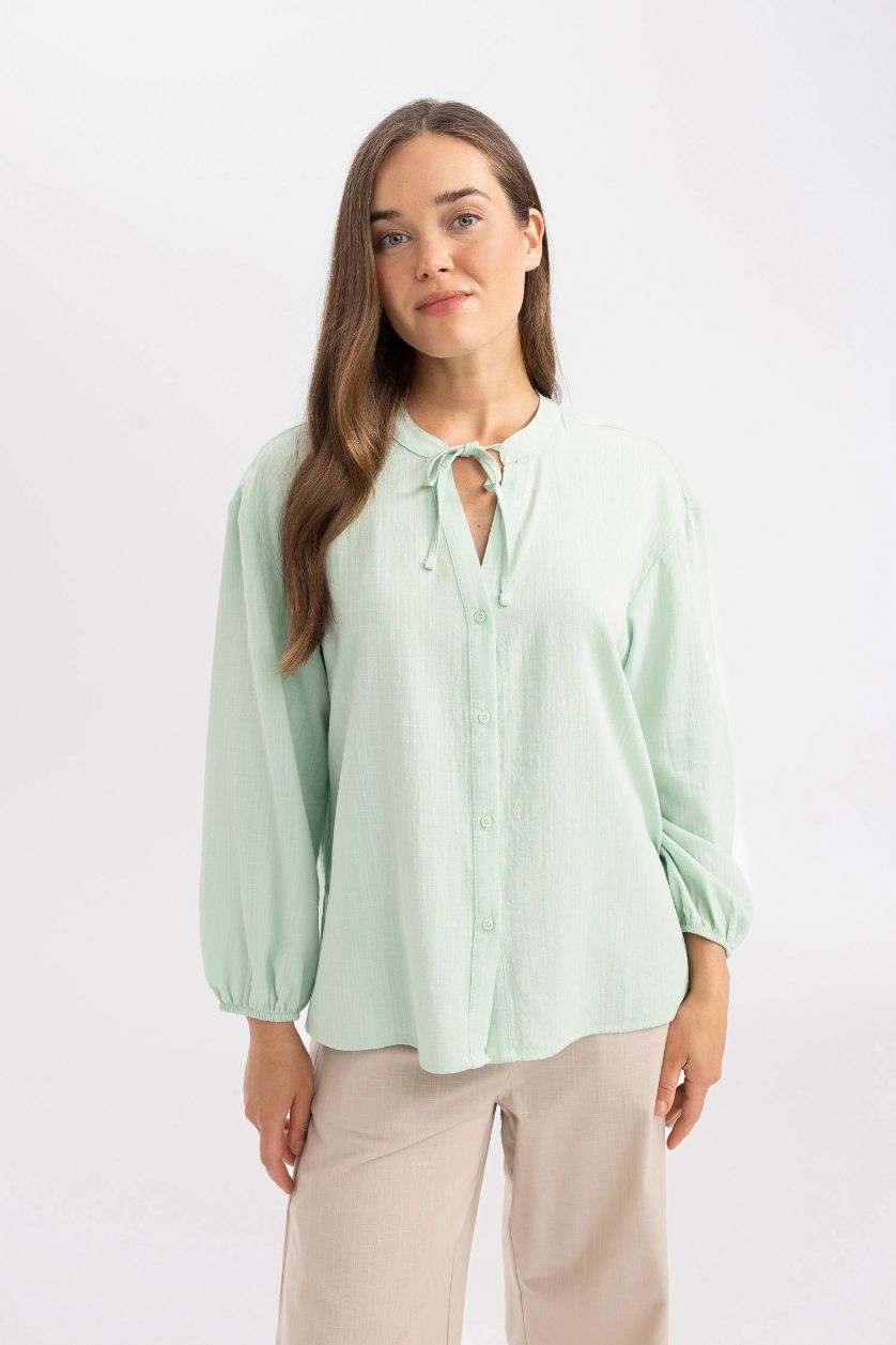 FEMME Vert Blouse coupe régulière à Manches Longues et Col Rond