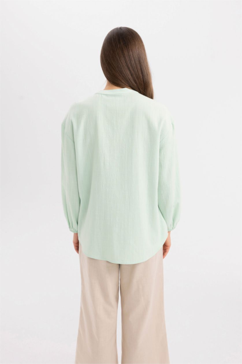FEMME Vert Blouse coupe régulière à Manches Longues et Col Rond