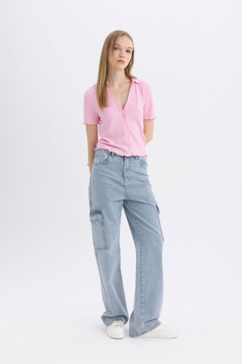 حريمي زهري فاتح قميص نص كم سليم فيت