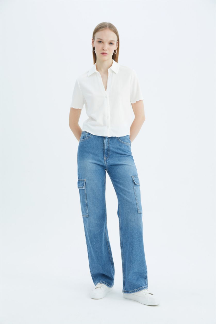 FEMME Blanc Chemise à manches courtess et Coupe Slim