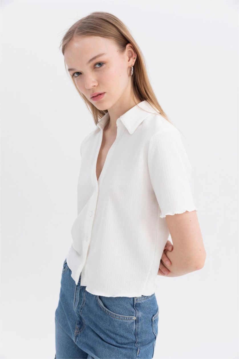 FEMME Blanc Chemise à manches courtess et Coupe Slim
