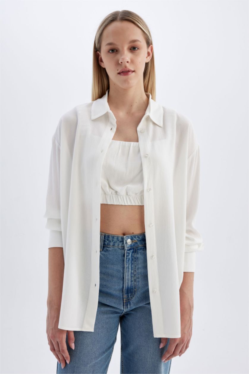 Woman White Oversize Fit Shirt Collar Crinkle Viscose Long Sleeve Shirt