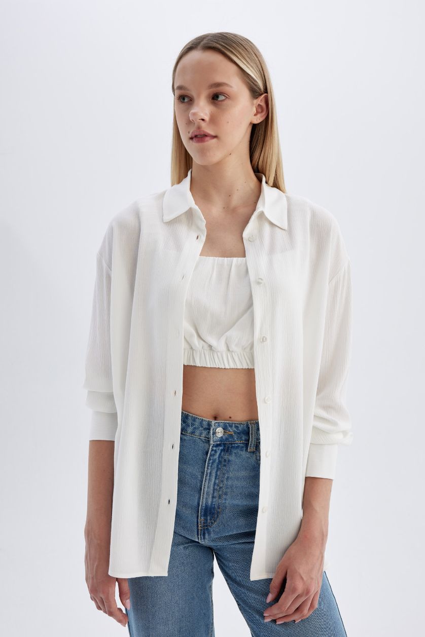 Woman White Oversize Fit Shirt Collar Crinkle Viscose Long Sleeve Shirt