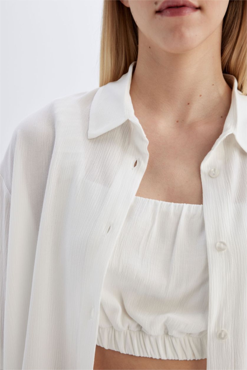 Woman White Oversize Fit Shirt Collar Crinkle Viscose Long Sleeve Shirt
