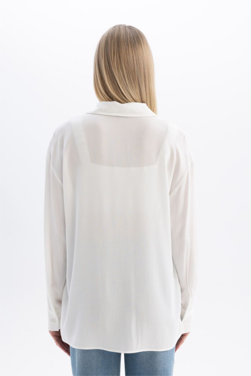 Woman White Oversize Fit Shirt Collar Crinkle Viscose Long Sleeve Shirt