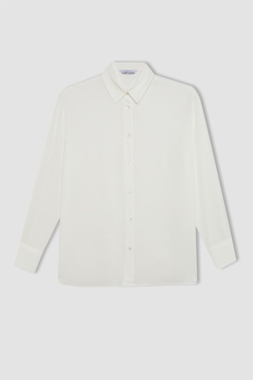 Woman White Oversize Fit Shirt Collar Crinkle Viscose Long Sleeve Shirt