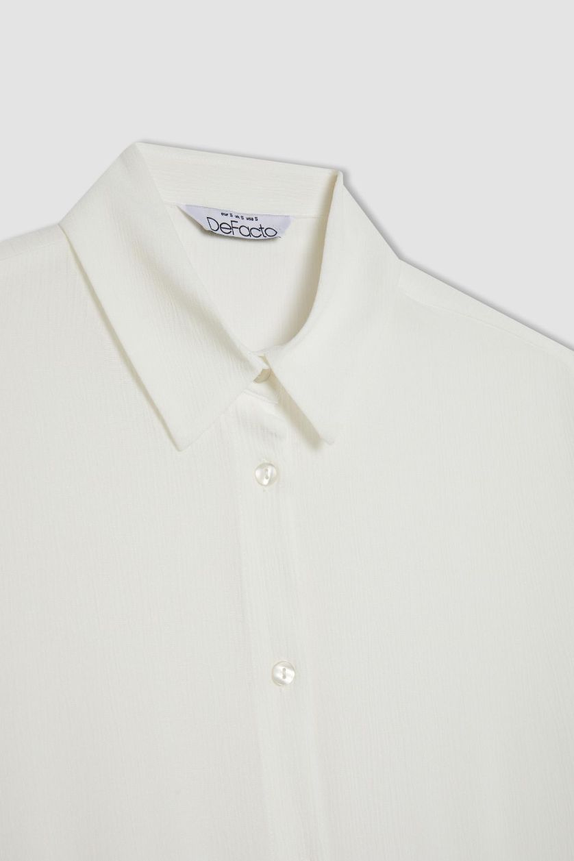 Woman White Oversize Fit Shirt Collar Crinkle Viscose Long Sleeve Shirt