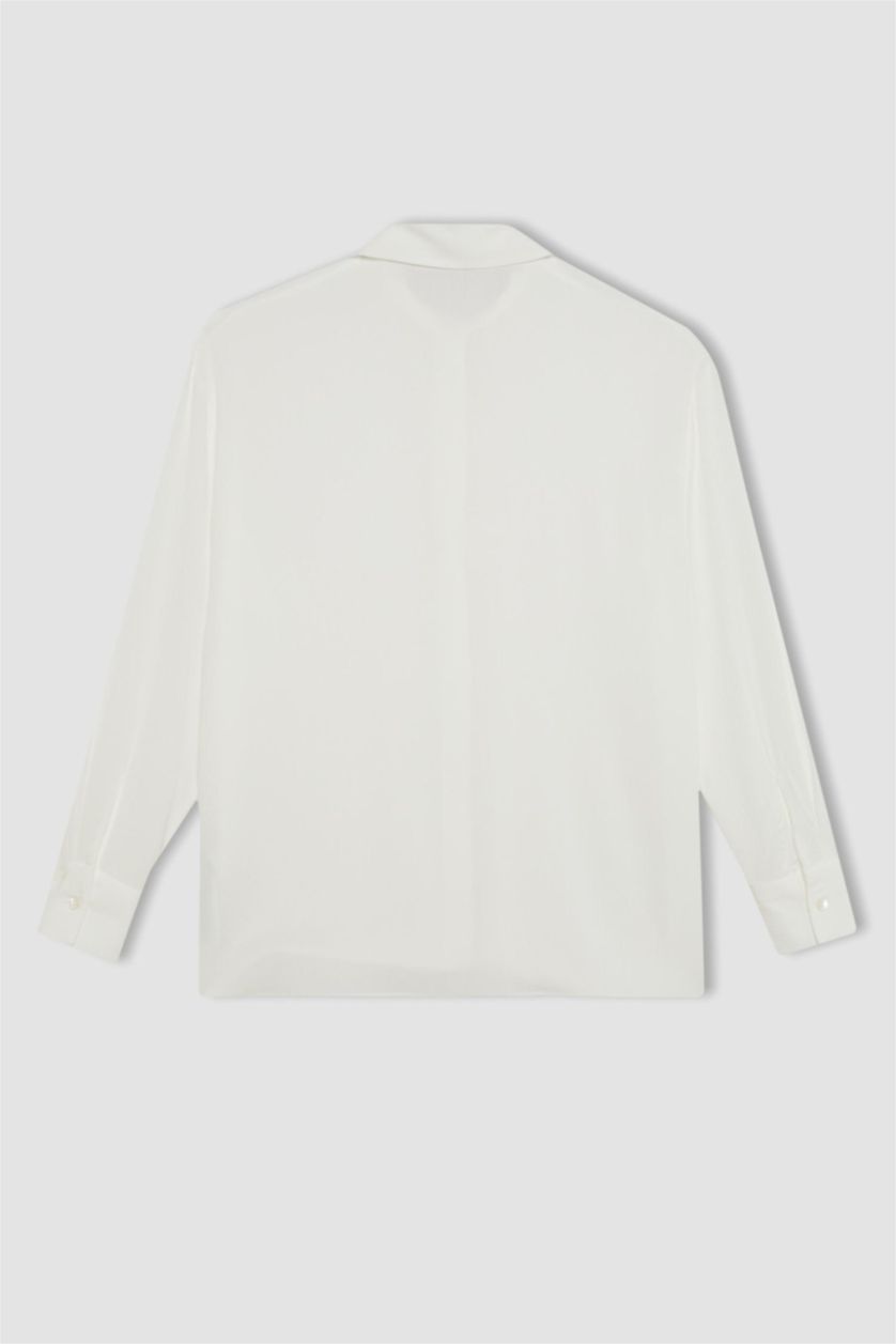 Woman White Oversize Fit Shirt Collar Crinkle Viscose Long Sleeve Shirt
