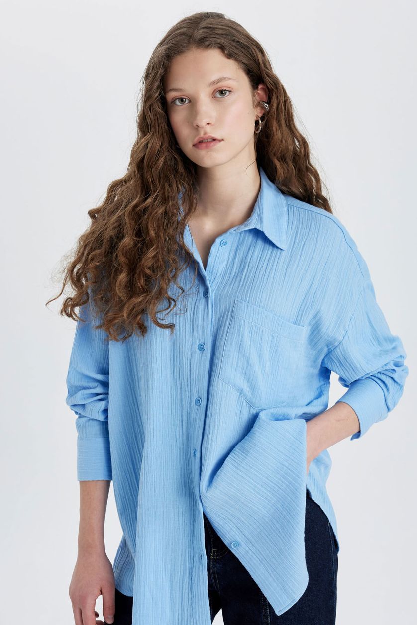 FEMME BLEU Clair Chemise Oversize en Mousseline à Manches Longues