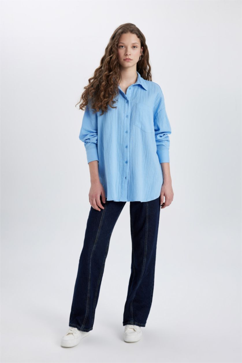 FEMME BLEU Clair Chemise Oversize en Mousseline à Manches Longues
