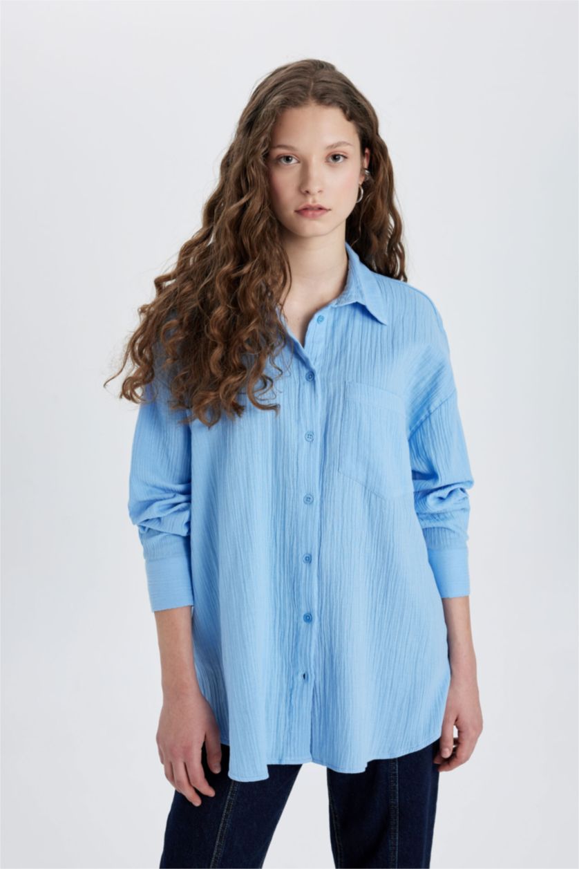 FEMME BLEU Clair Chemise Oversize en Mousseline à Manches Longues