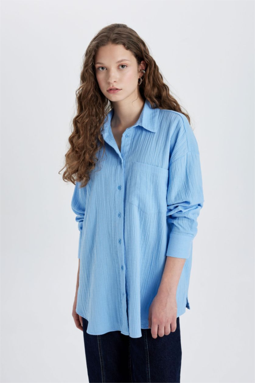 FEMME BLEU Clair Chemise Oversize en Mousseline à Manches Longues
