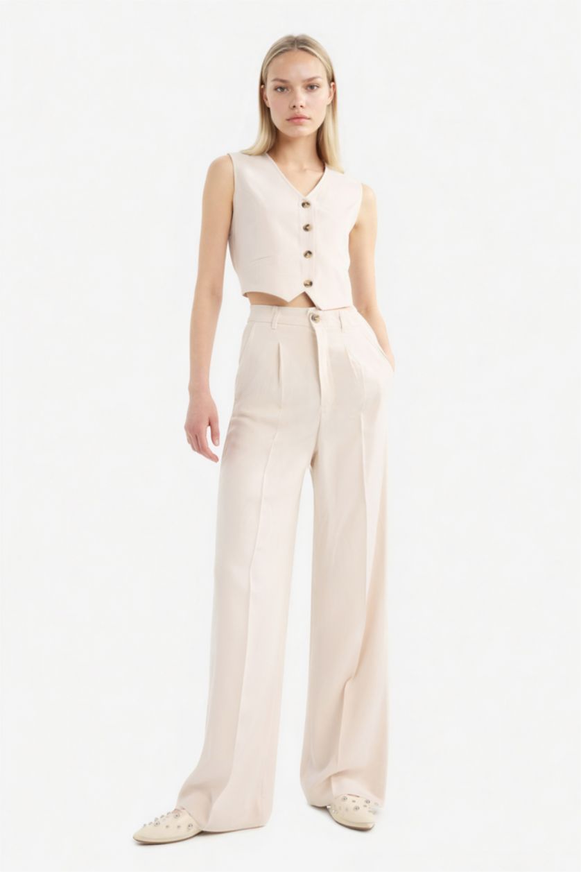 Kadın Taş V Yaka Keten Karışımlı Blazer Yelek