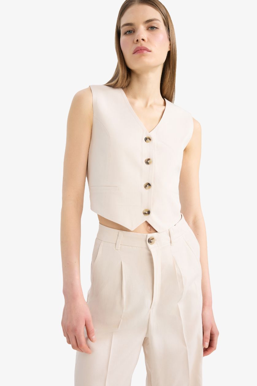 Woman Stone V Neck Linen Blend Vest