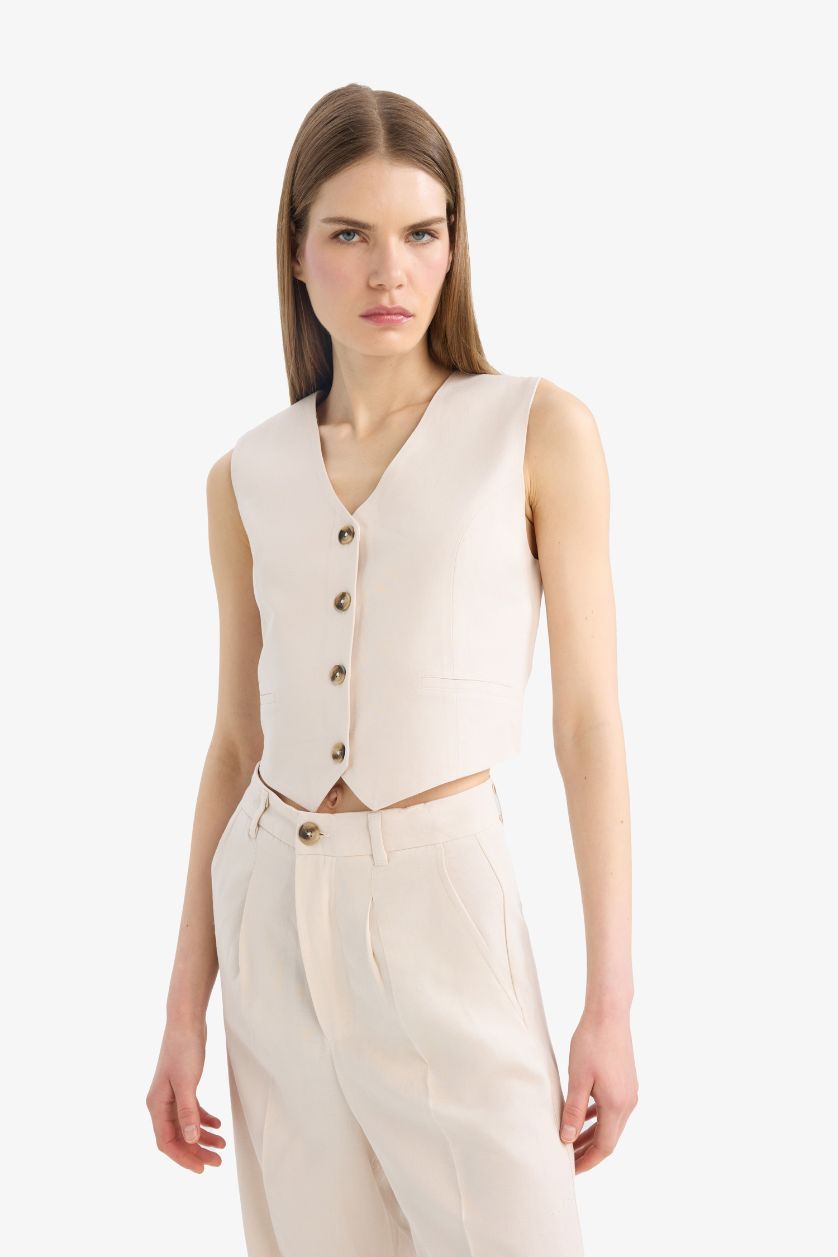 Woman Stone V Neck Linen Blend Vest