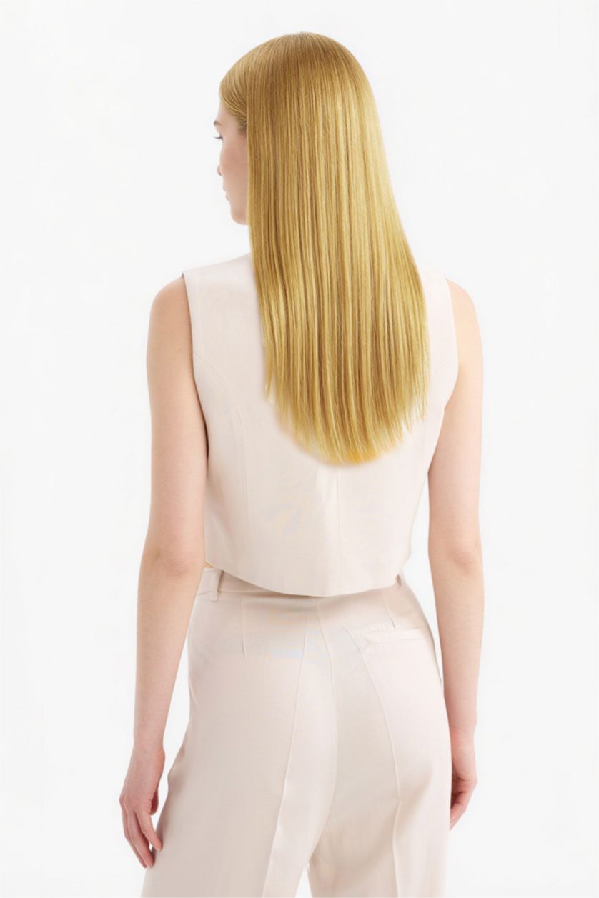 Kadın Taş V Yaka Keten Karışımlı Blazer Yelek