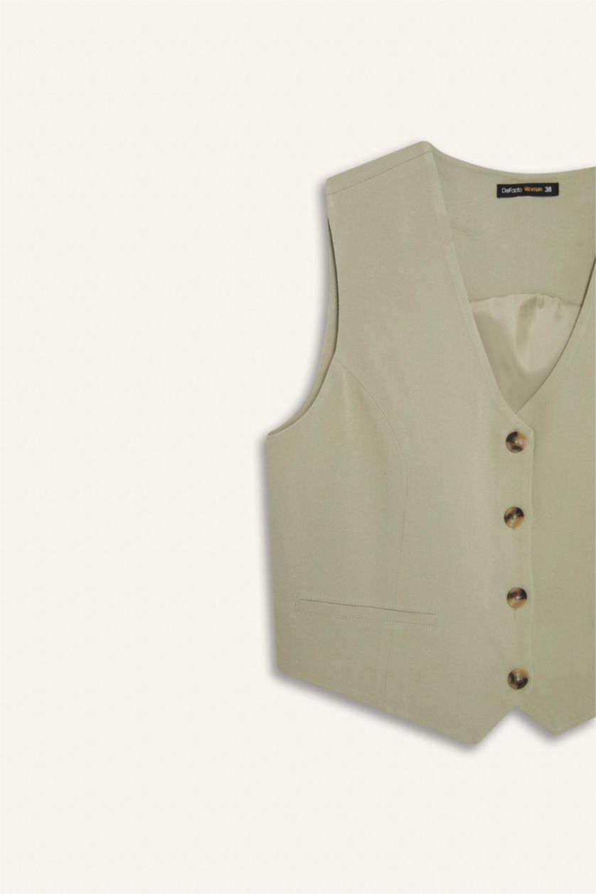 نساء كاكي فاتح يلك بليزر بياخة V ممزوج بالكتان