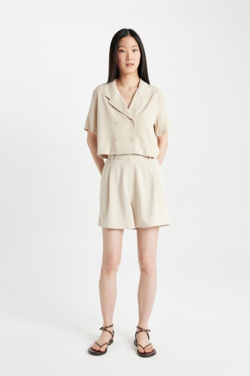 Kadın Taş Yüksek Bel Kısa Paça Keten Karışımlı Şort