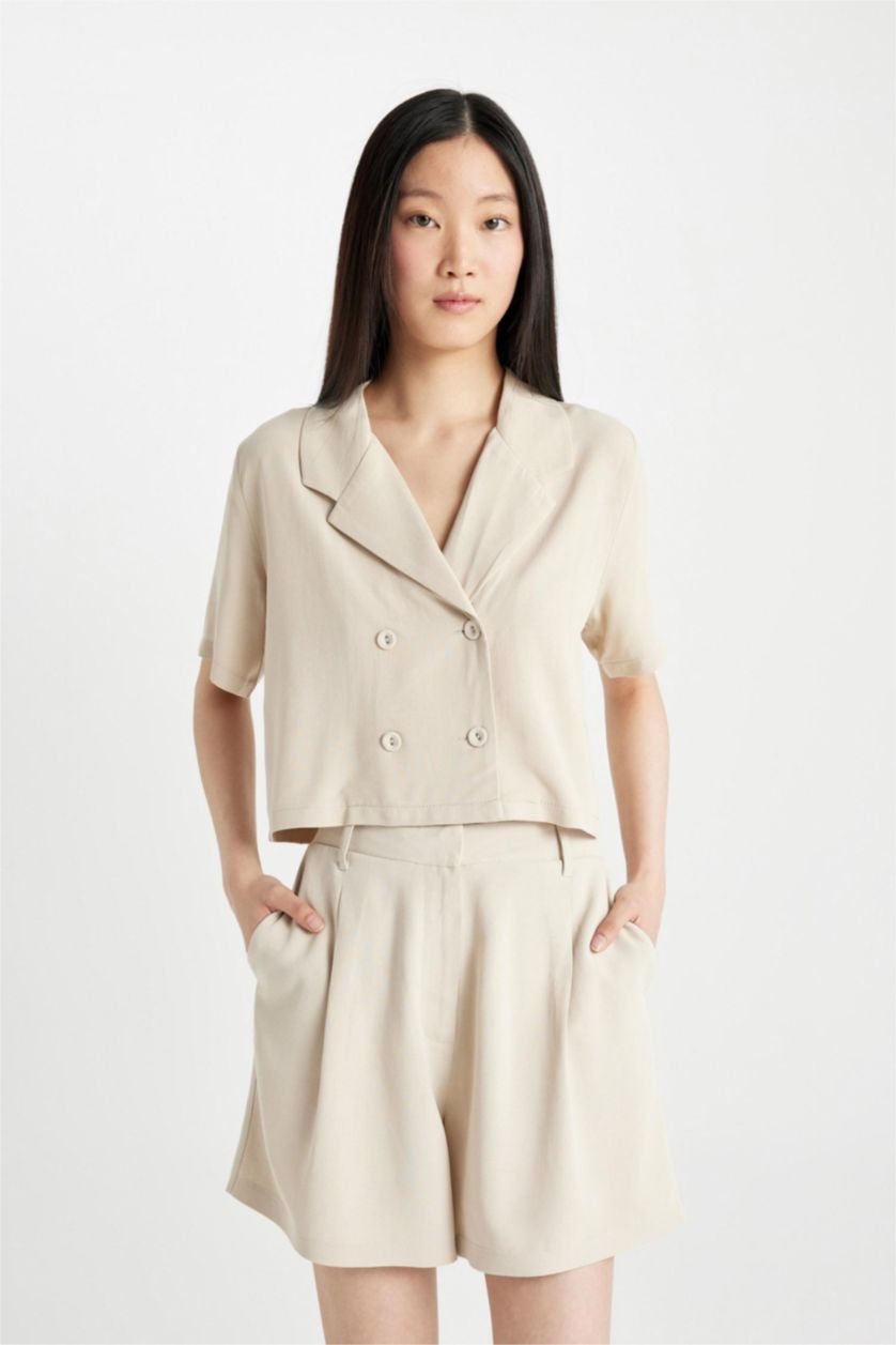 Kadın Taş Yüksek Bel Kısa Paça Keten Karışımlı Şort