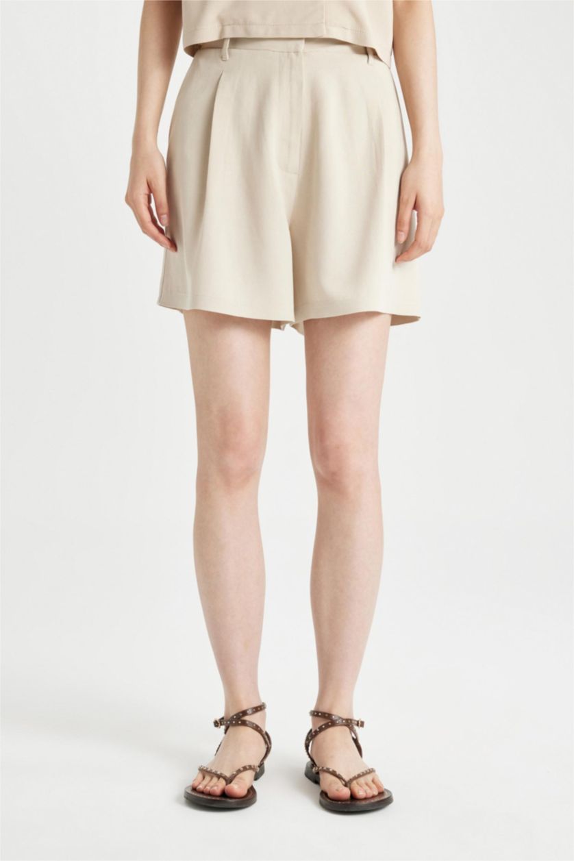 Kadın Taş Yüksek Bel Kısa Paça Keten Karışımlı Şort