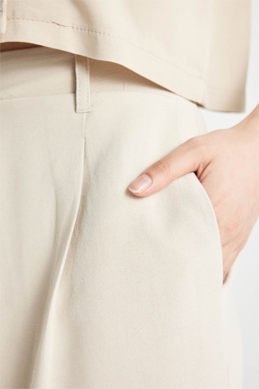 Kadın Taş Yüksek Bel Kısa Paça Keten Karışımlı Şort