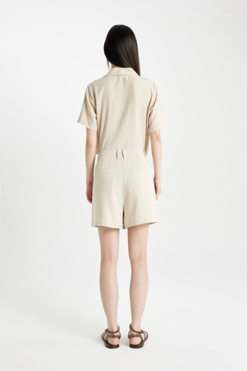 Kadın Taş Yüksek Bel Kısa Paça Keten Karışımlı Şort