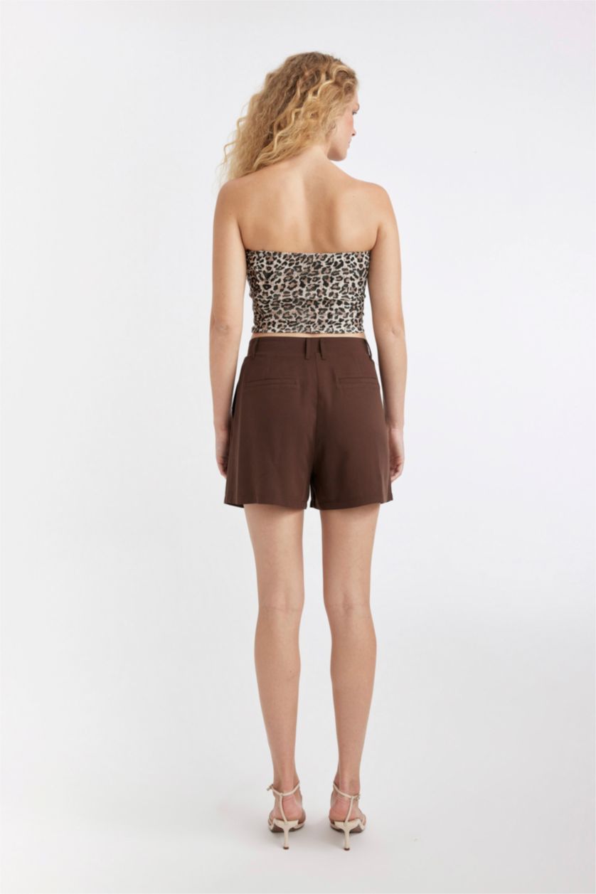 Kadın Kahve Yüksek Bel Kısa Paça Keten Karışımlı Şort