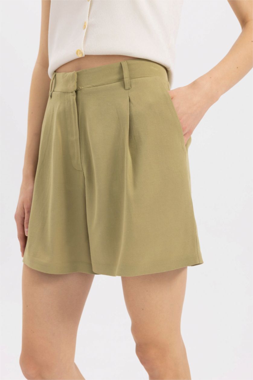 Kadın Haki Yüksek Bel Kısa Paça Keten Karışımlı Şort