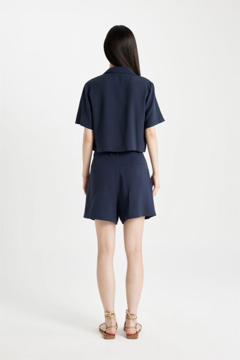 حريمي كحلي شورت قصير بخصر عالي ممزوج بالكتان