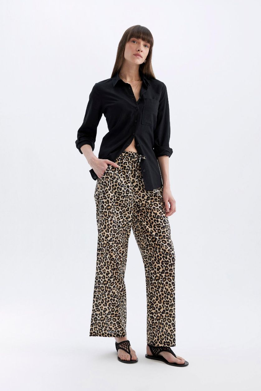 FEMME Beige Pantalon Large en Toile de Lin à Taille Haute et Jambes Larges avec Poches