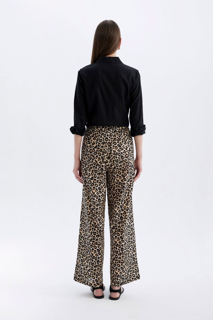 FEMME Beige Pantalon Large en Toile de Lin à Taille Haute et Jambes Larges avec Poches