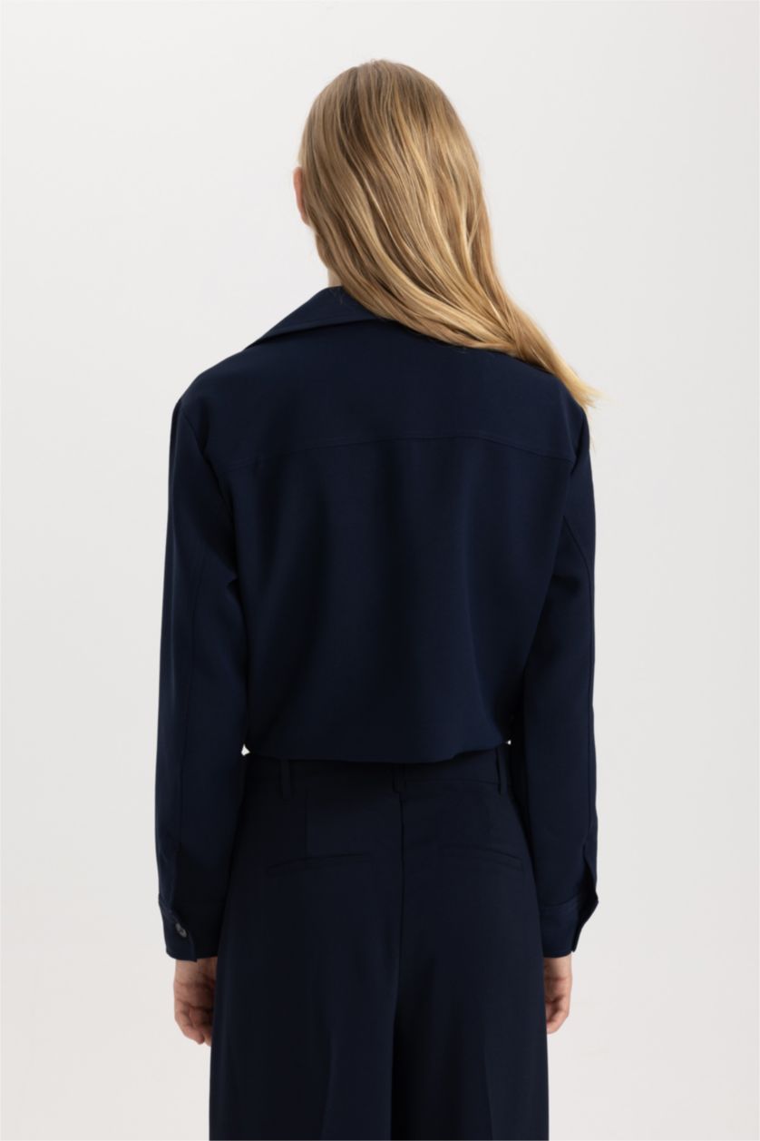 نساء كحلي جاكيت بليزر كروب برقبة قميص