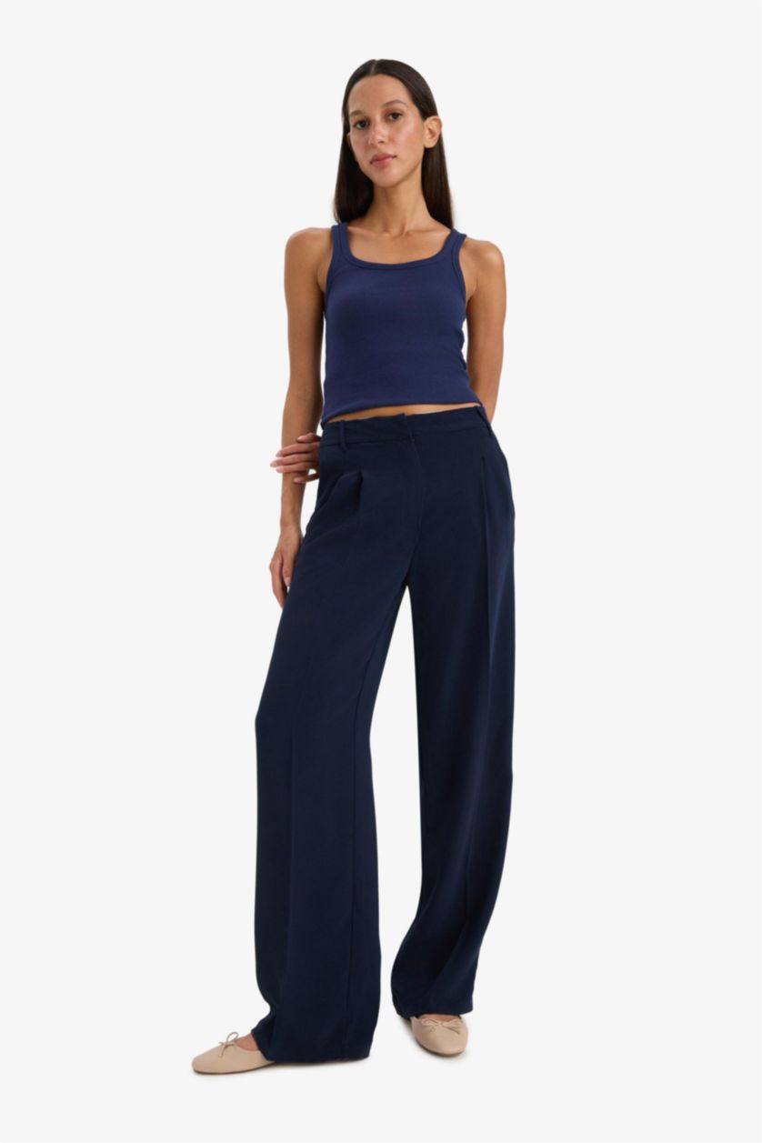 WOMAN NAVY Wide Leg Double Pocket High Waist Trousers
