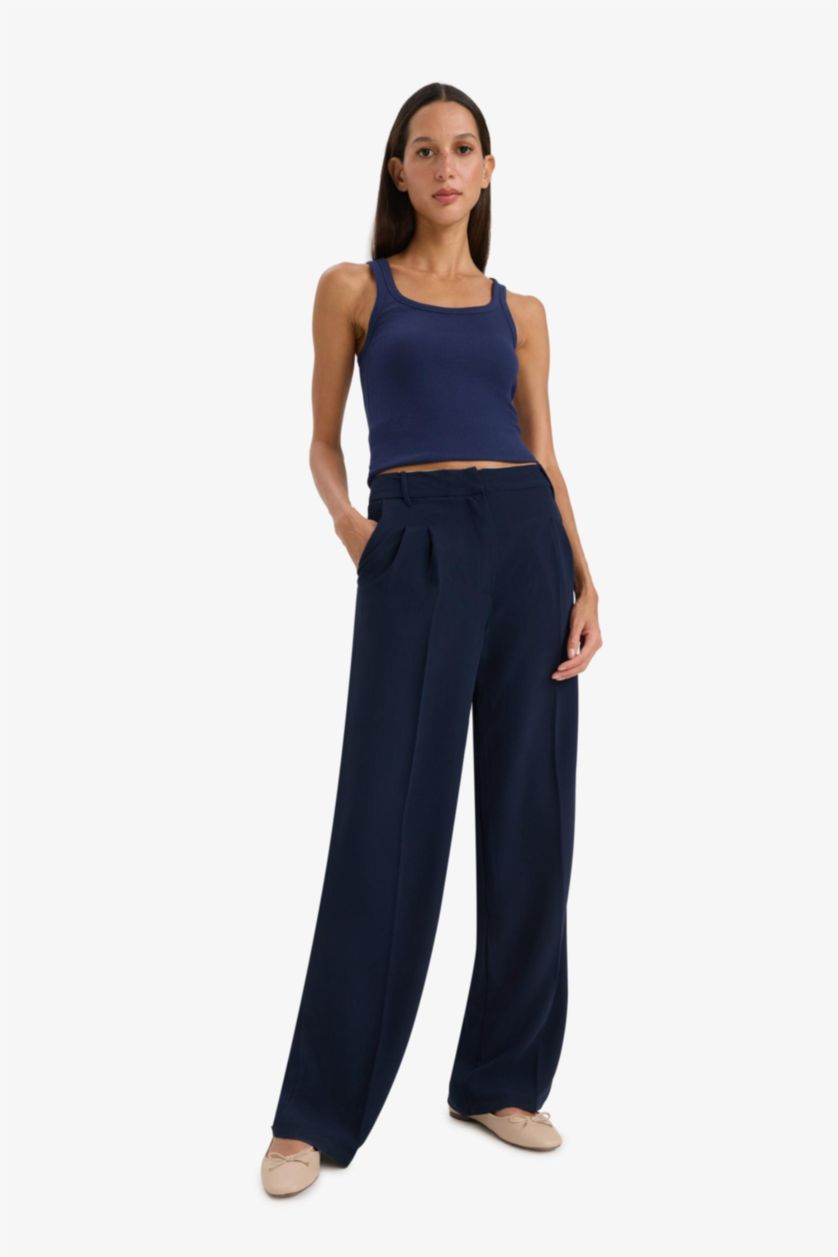 WOMAN NAVY Wide Leg Double Pocket High Waist Trousers