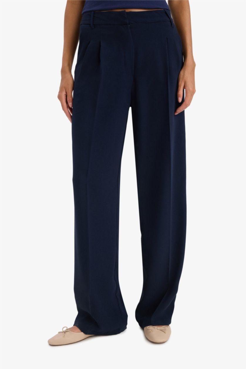 WOMAN NAVY Wide Leg Double Pocket High Waist Trousers
