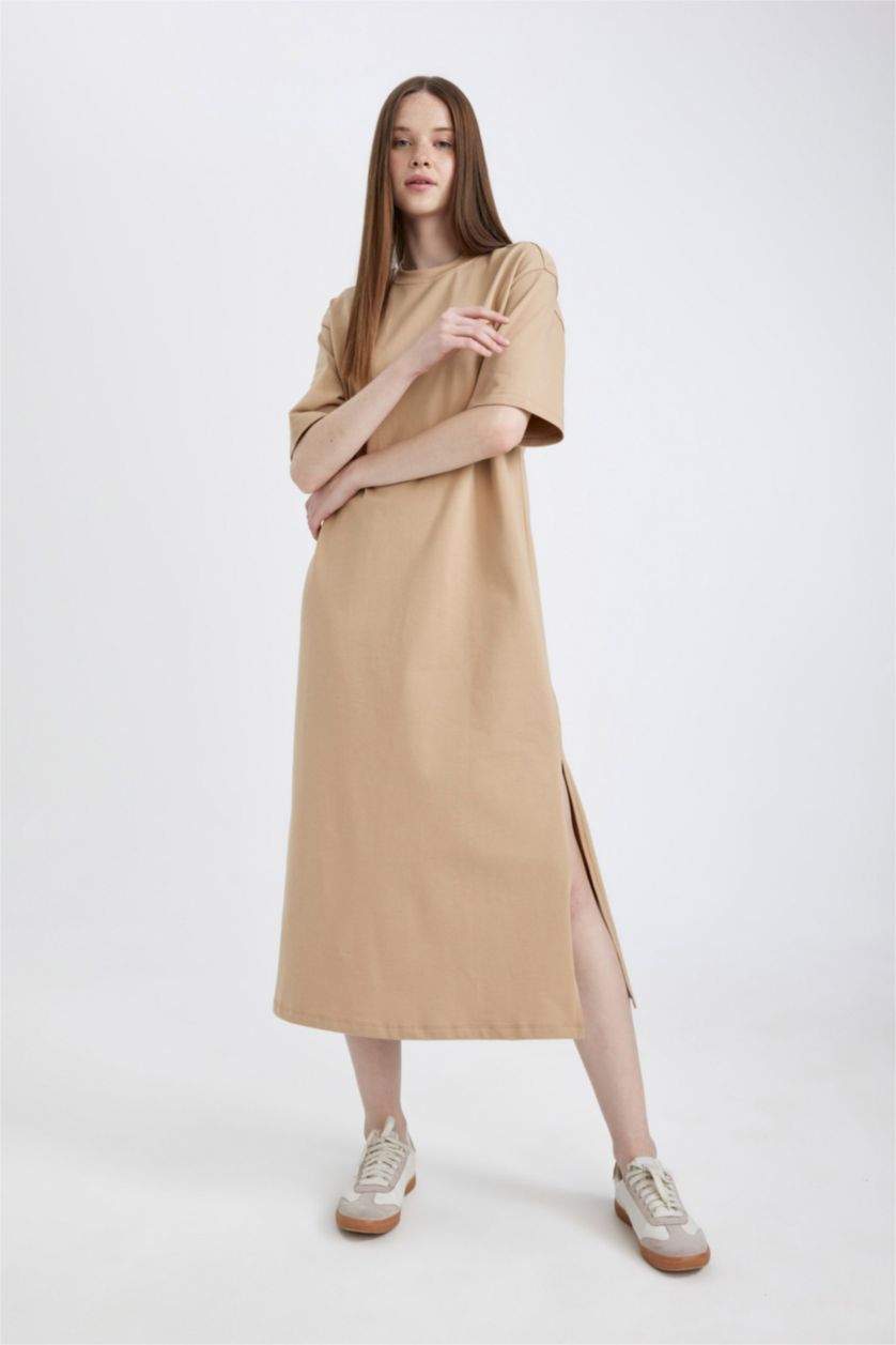 FEMME Beige Clair Robe Midi Jersey à Manches Courtes Col Rond