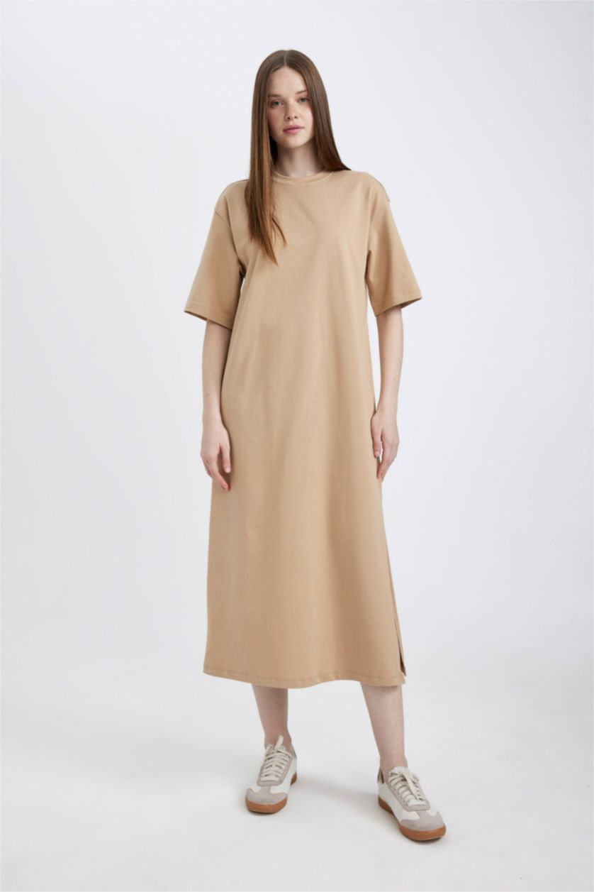 FEMME Beige Clair Robe Midi Jersey à Manches Courtes Col Rond