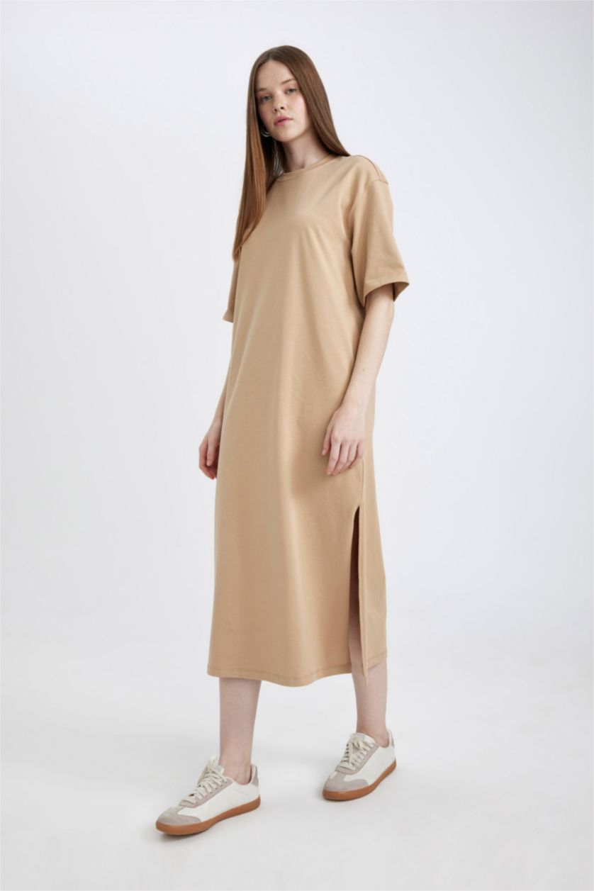 FEMME Beige Clair Robe Midi Jersey à Manches Courtes Col Rond